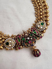 Gold polish fusion necklace with navrathana, ruby & emerald kundan with pearls-Silver Neckpiece-CI-House of Taamara