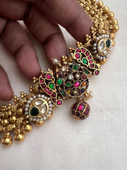 Gold polish fusion necklace with navrathana, ruby & emerald kundan with pearls-Silver Neckpiece-CI-House of Taamara