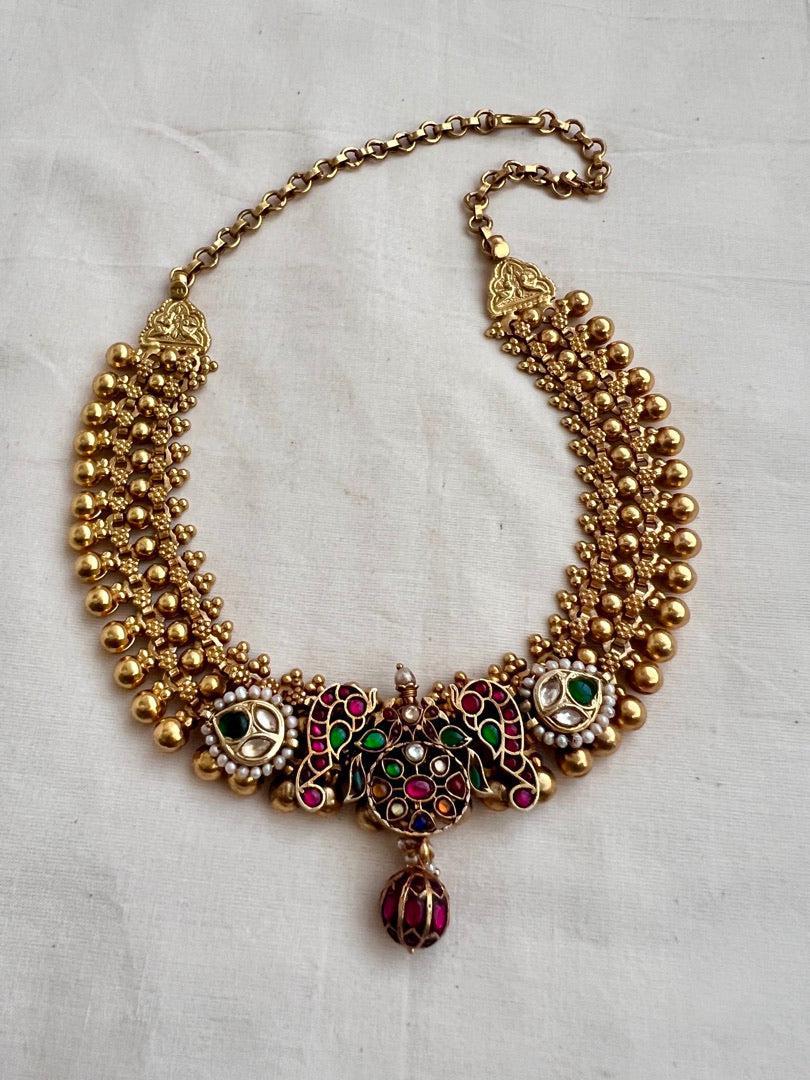 Gold polish fusion necklace with navrathana, ruby & emerald kundan with pearls-Silver Neckpiece-CI-House of Taamara