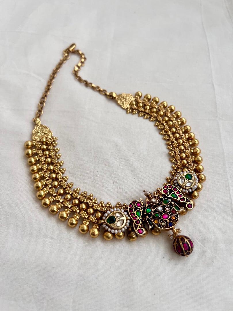 Gold polish fusion necklace with navrathana, ruby & emerald kundan with pearls-Silver Neckpiece-CI-House of Taamara