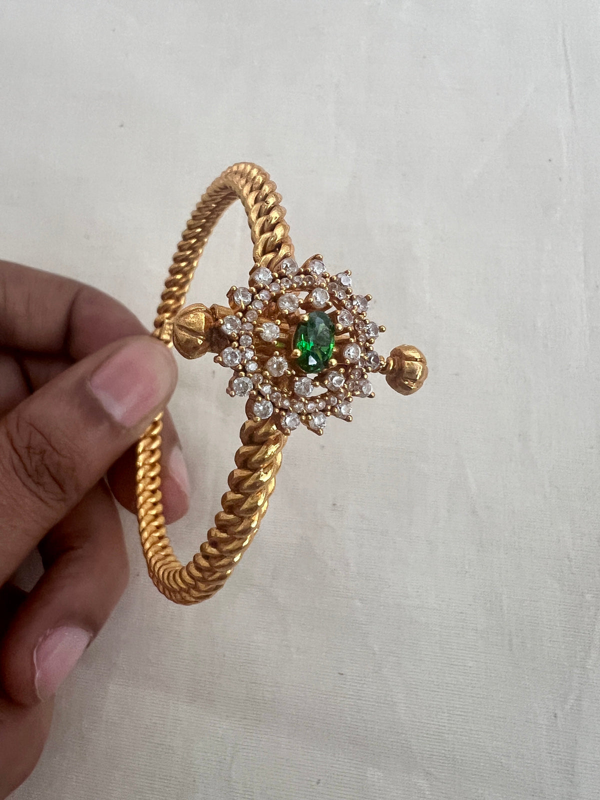 Gold polish golusu bangle with CZ & emerald stones, 2.5-Silver Bracelet-CI-House of Taamara