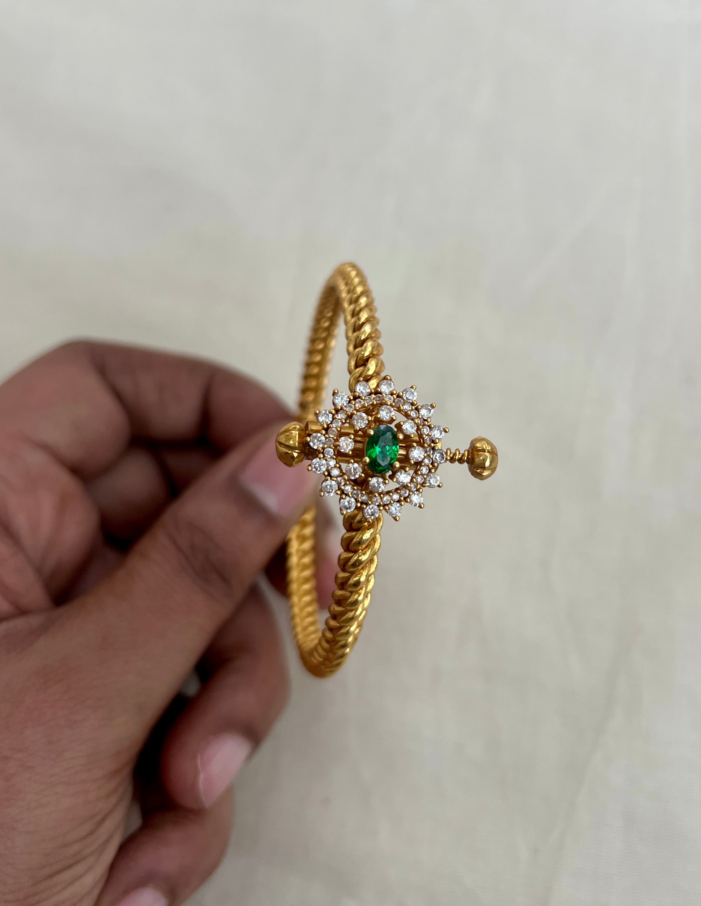 Gold polish golusu bangle with zircon & emerald stones-Silver Bracelet-CI-House of Taamara