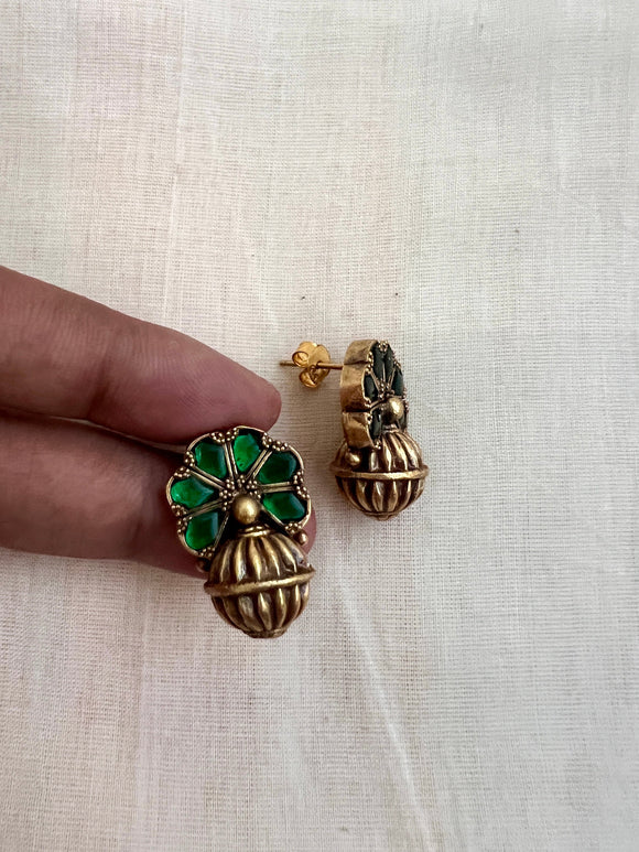 Gold polish green emerald dholki studs-Earrings-CI-House of Taamara