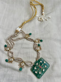Gold polish green jade kundan inlay work pendant with pearls bunch chain-Silver Neckpiece-CI-House of Taamara