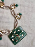 Gold polish green jade kundan inlay work pendant with pearls bunch chain-Silver Neckpiece-CI-House of Taamara