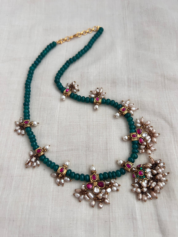 Gold polish green onyx beads with kundan motifs & pearls-Silver Neckpiece-CI-House of Taamara