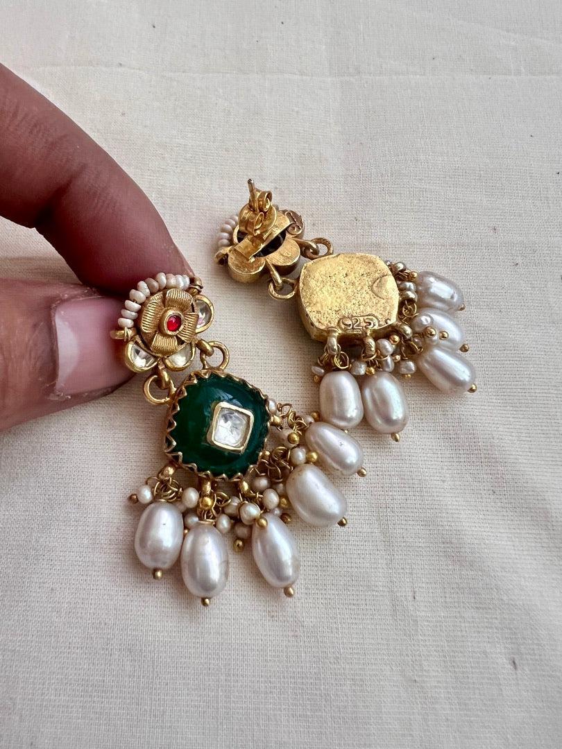 Gold polish green onyx kundan inlay earrings with pearls-Earrings-CI-House of Taamara