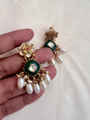 Gold polish green onyx kundan inlay earrings with pearls-Earrings-CI-House of Taamara