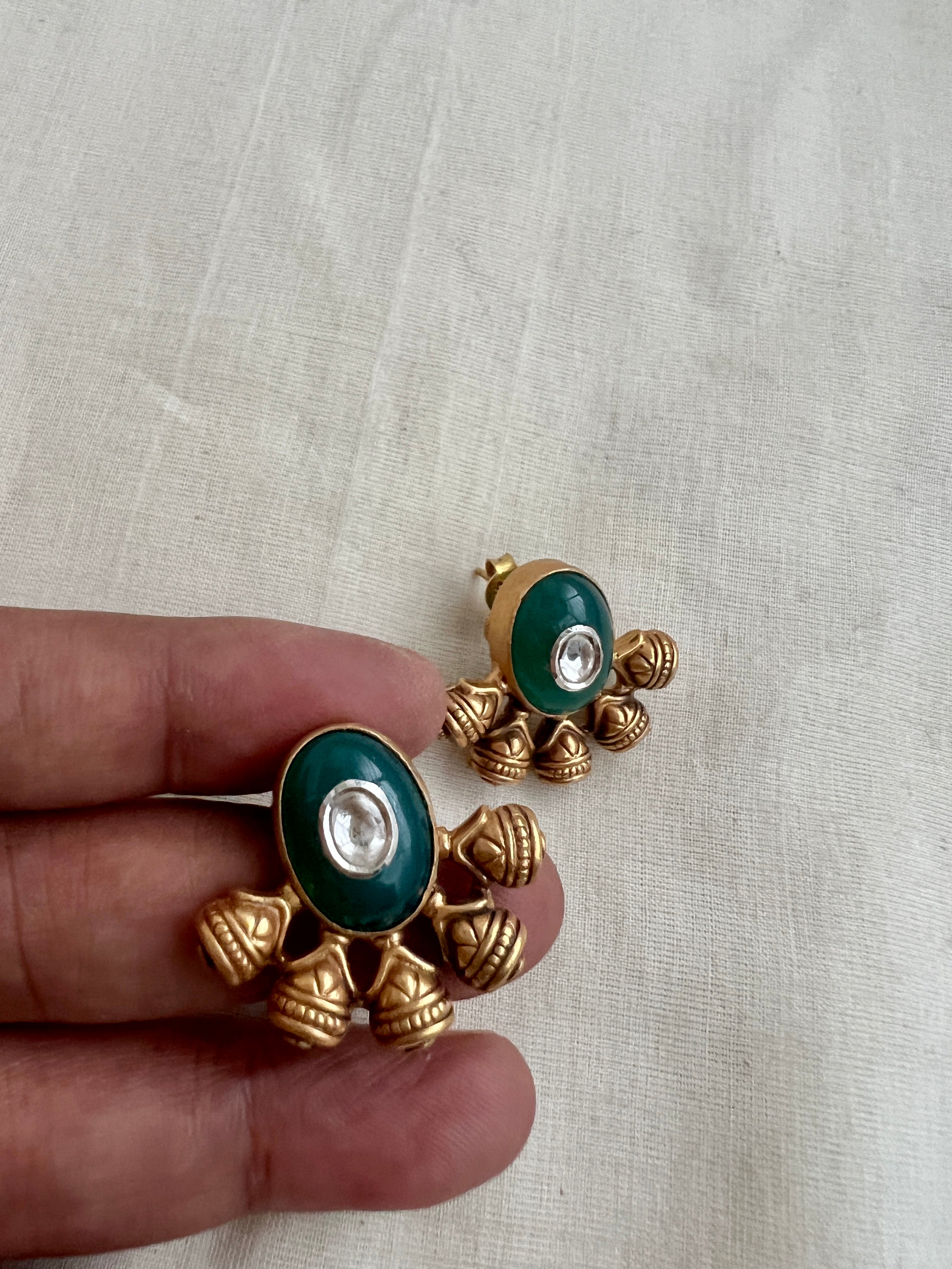 Gold polish green onyx with kundan inlay work studs-Earrings-CI-House of Taamara