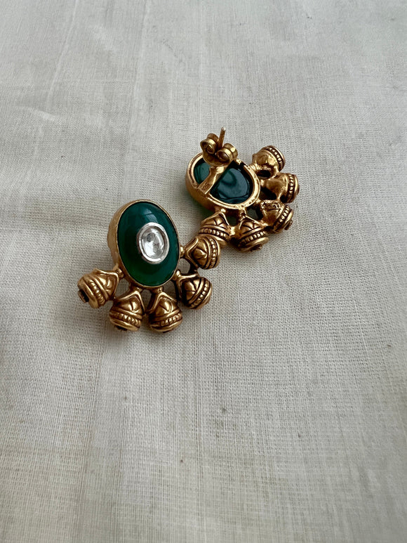 Gold polish green onyx with kundan inlay work studs-Earrings-CI-House of Taamara