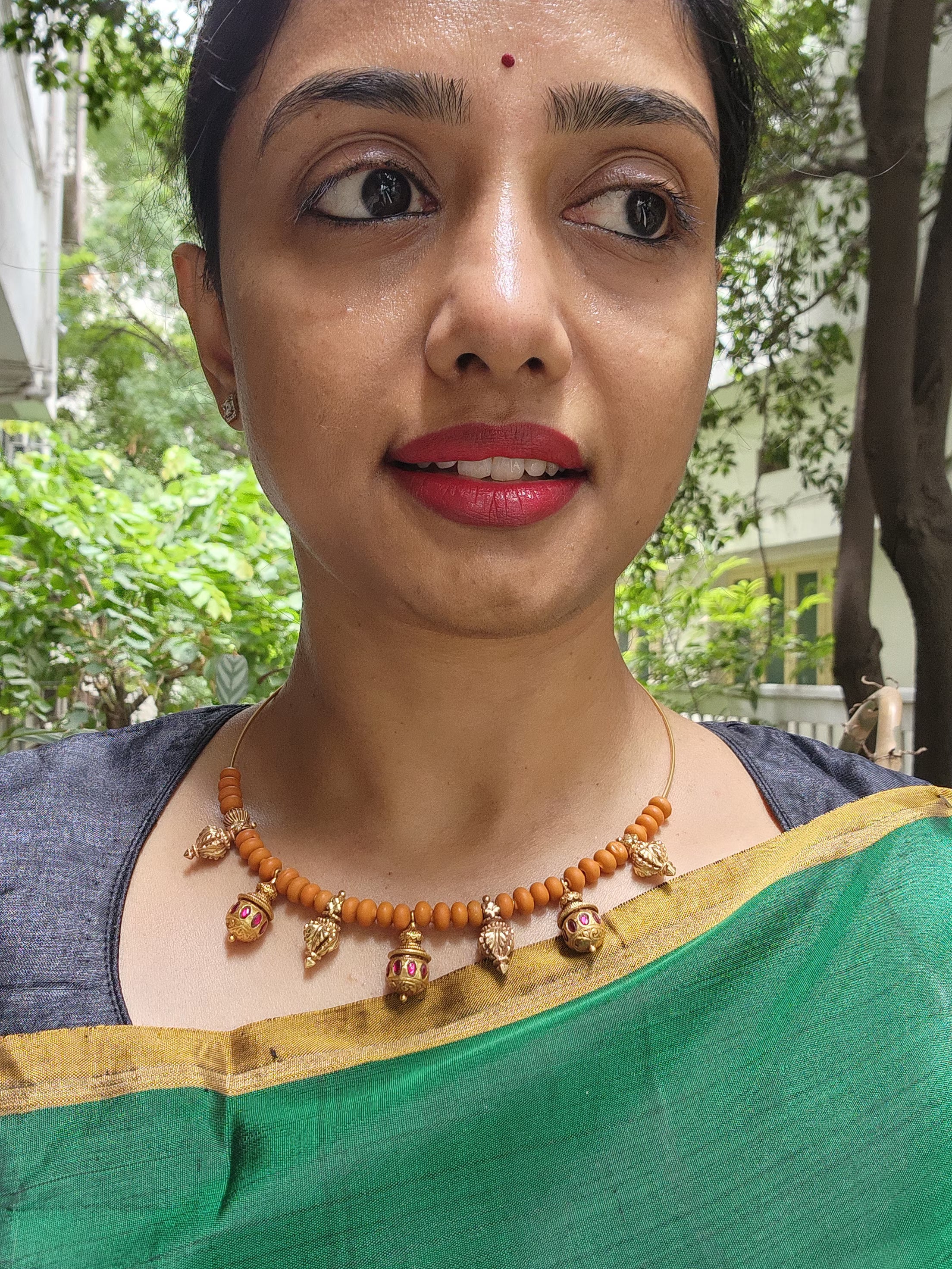 Gold polish hasli with coral beads and ruby motifs-Silver Neckpiece-CI-House of Taamara