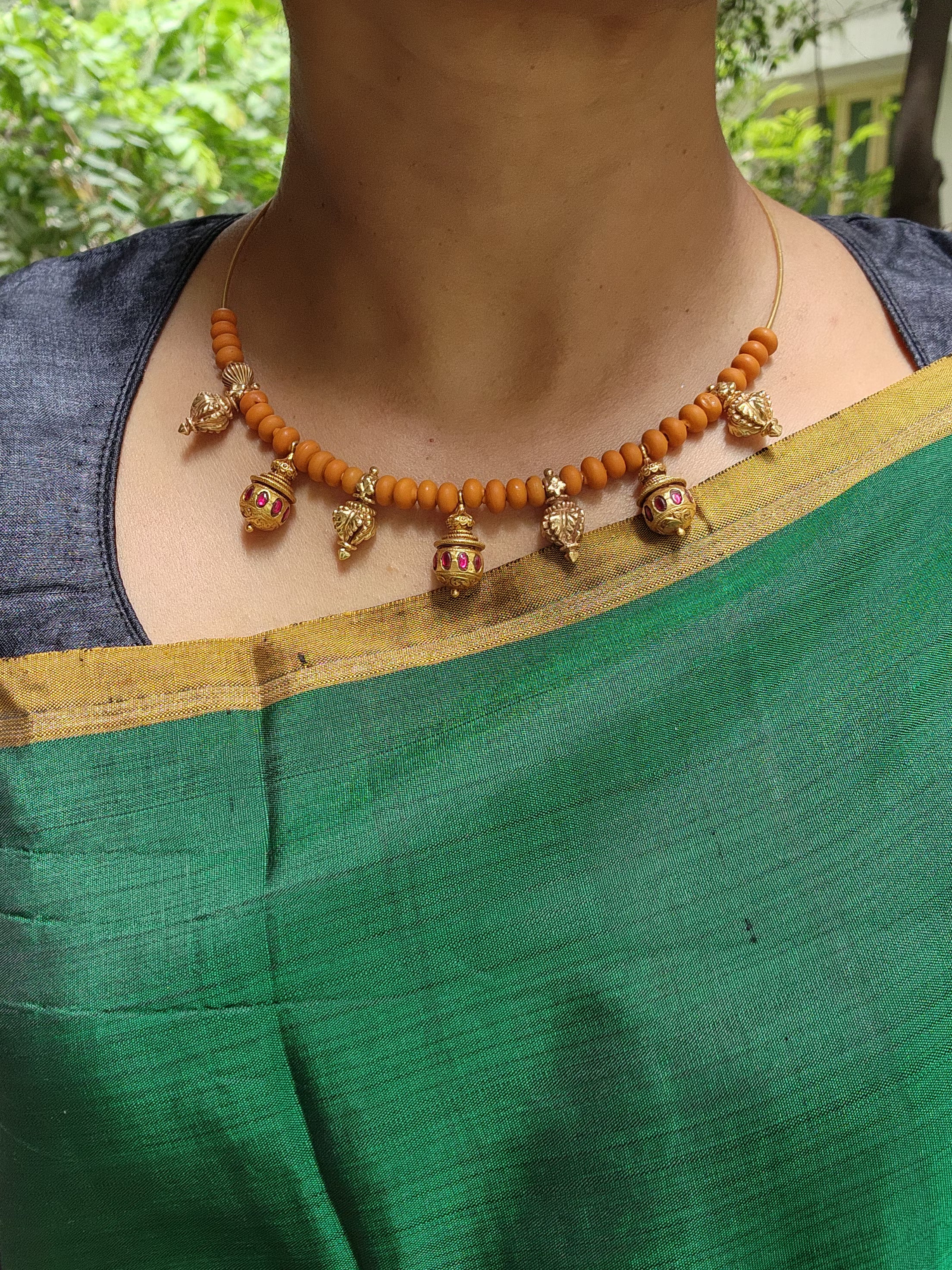 Gold polish hasli with coral beads and ruby motifs-Silver Neckpiece-CI-House of Taamara
