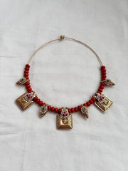 Gold polish hasli with coral beads & nakshi motifs-Silver Neckpiece-CI-House of Taamara