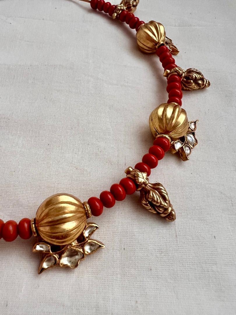 Gold polish hasli with coral beads & nakshi motifs-Silver Neckpiece-CI-House of Taamara