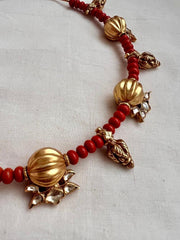Gold polish hasli with coral beads & nakshi motifs-Silver Neckpiece-CI-House of Taamara