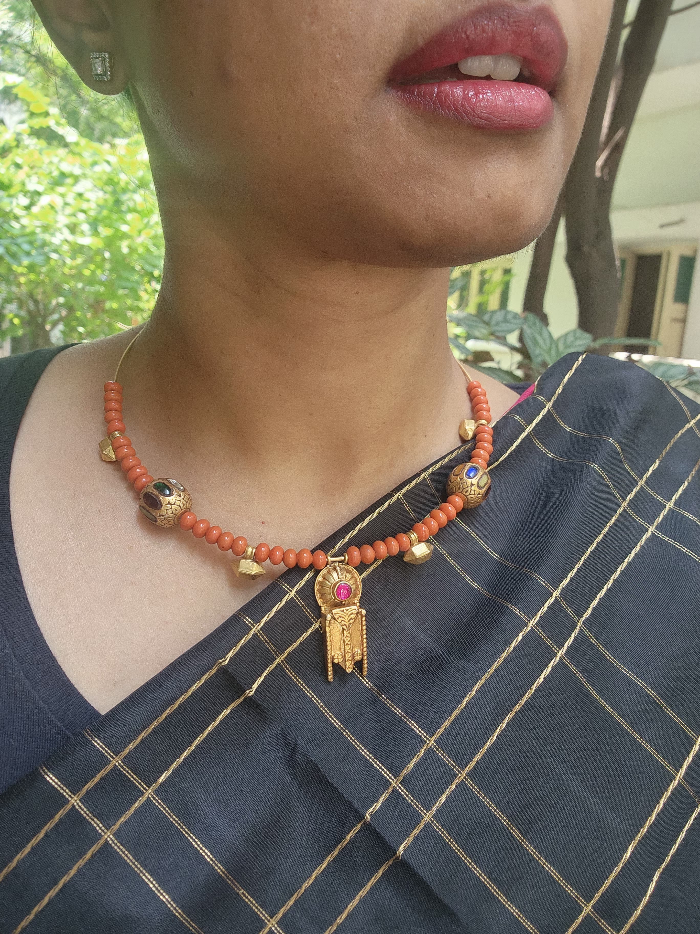 Gold polish hasli with coral beads & nakshi motifs-Silver Neckpiece-CI-House of Taamara