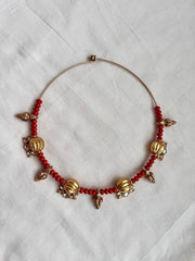 Gold polish hasli with coral beads & nakshi motifs-Silver Neckpiece-CI-House of Taamara