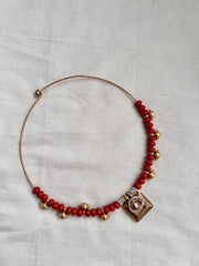 Gold polish hasli with coral beads & nakshi motifs-Silver Neckpiece-CI-House of Taamara
