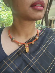 Gold polish hasli with coral beads & nakshi motifs-Silver Neckpiece-CI-House of Taamara