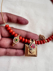 Gold polish hasli with coral beads & nakshi motifs-Silver Neckpiece-CI-House of Taamara