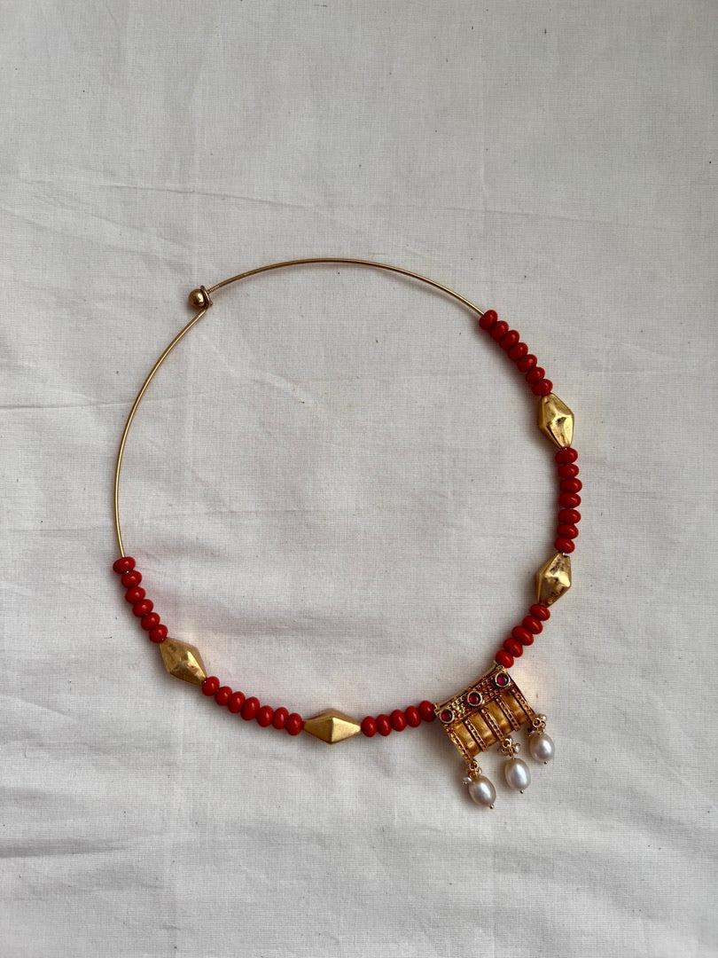 Gold polish hasli with coral beads & nakshi motifs-Silver Neckpiece-CI-House of Taamara