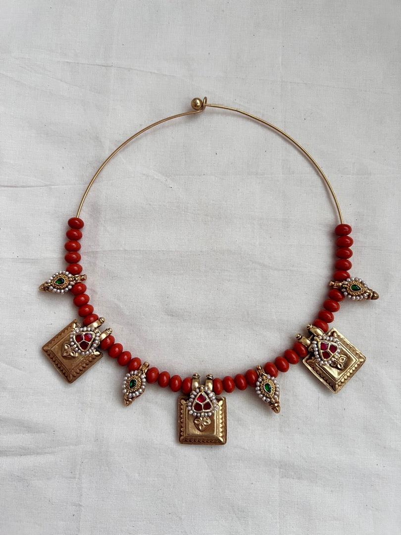 Gold polish hasli with coral beads & nakshi motifs-Silver Neckpiece-CI-House of Taamara