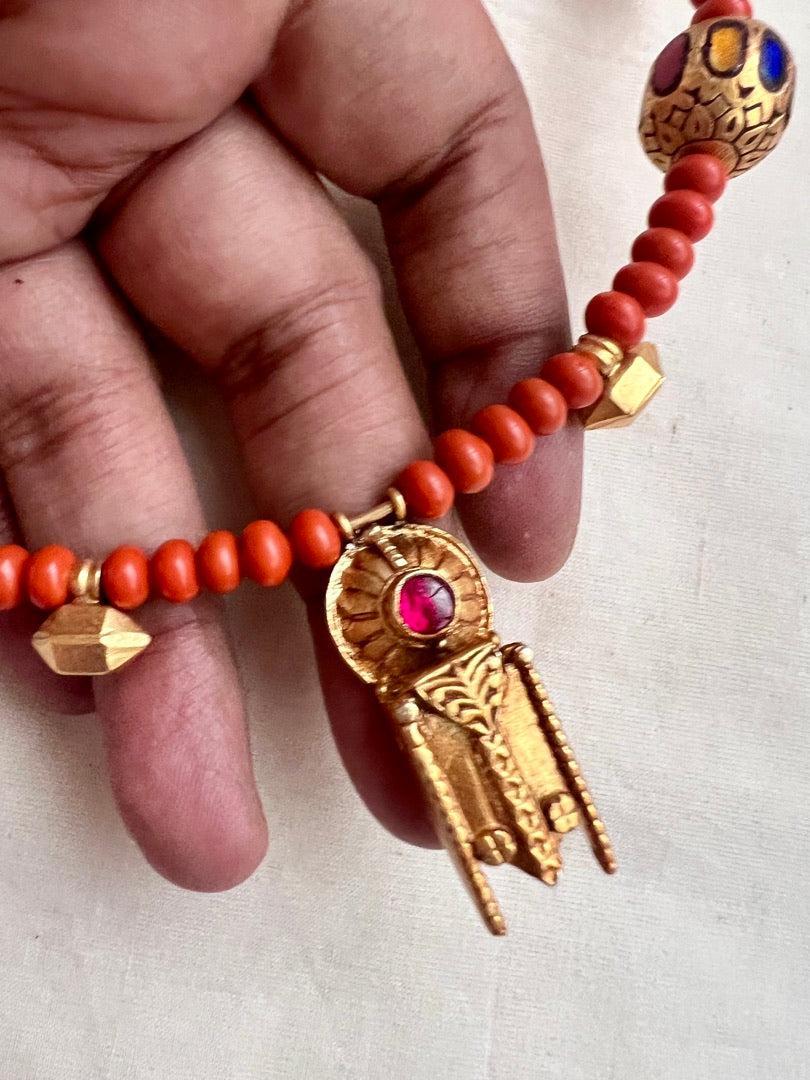 Gold polish hasli with coral beads & nakshi motifs-Silver Neckpiece-CI-House of Taamara