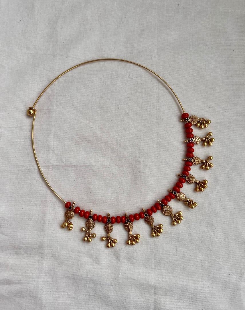 Gold polish hasli with coral beads & nakshi motifs-Silver Neckpiece-CI-House of Taamara