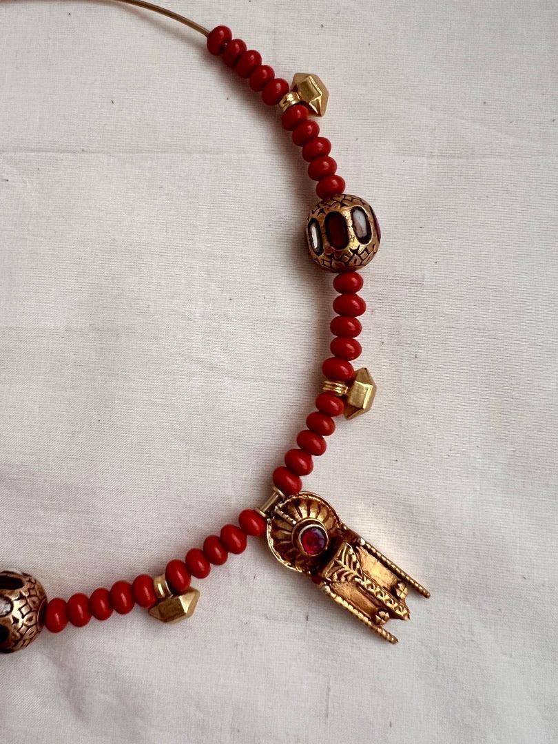 Gold polish hasli with coral beads & nakshi motifs-Silver Neckpiece-CI-House of Taamara