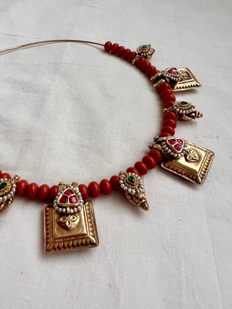 Gold polish hasli with coral beads & nakshi motifs-Silver Neckpiece-CI-House of Taamara