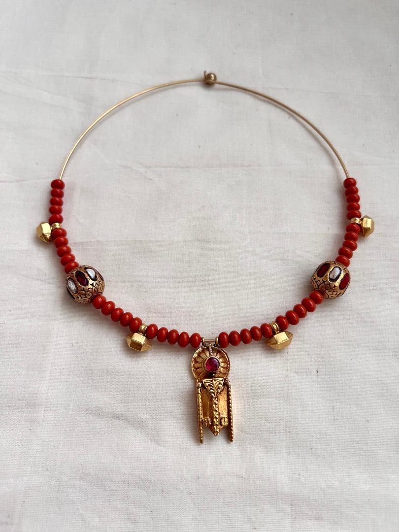 Gold polish hasli with coral beads & nakshi motifs-Silver Neckpiece-CI-House of Taamara