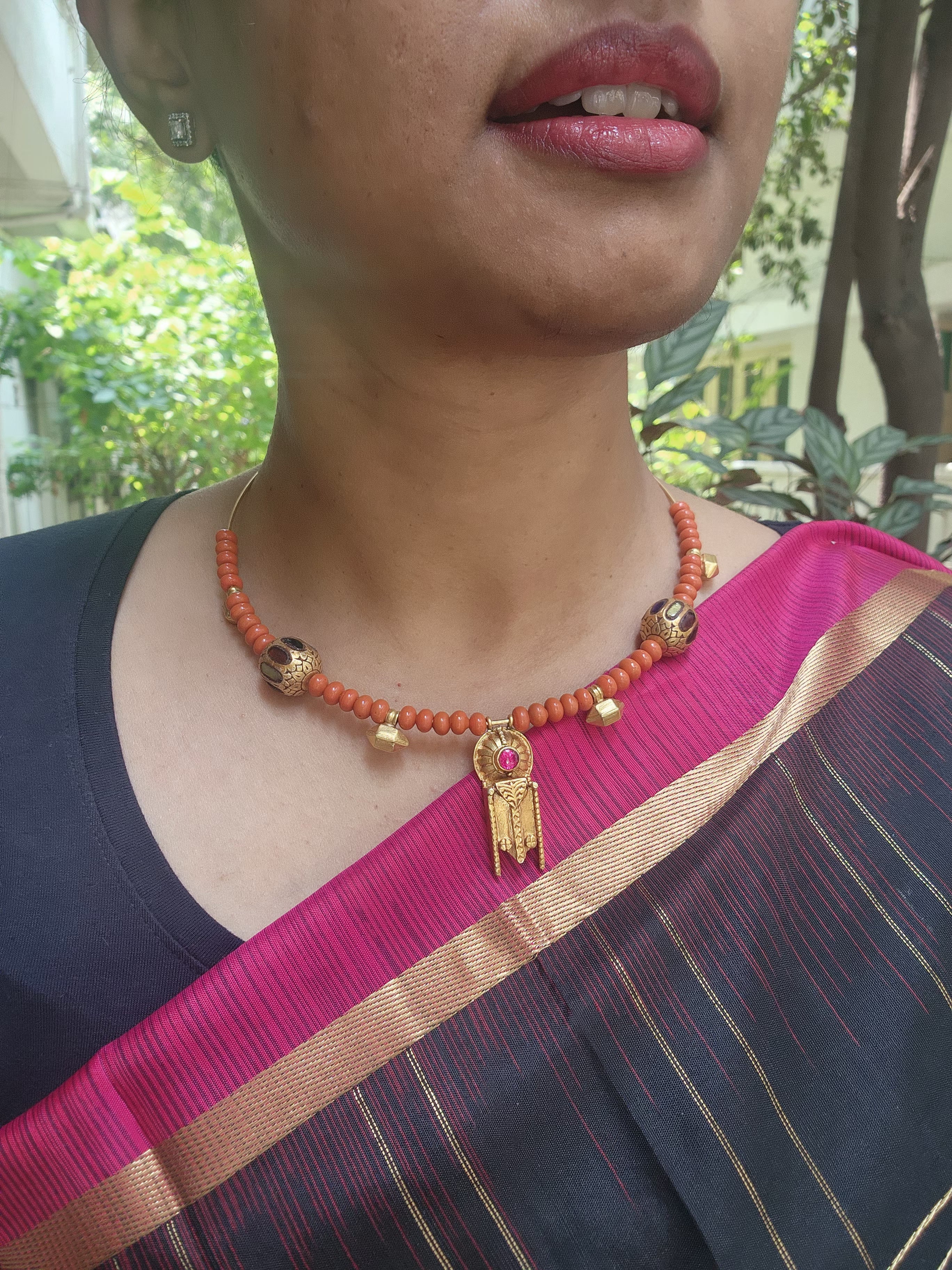 Gold polish hasli with coral beads & nakshi motifs-Silver Neckpiece-CI-House of Taamara