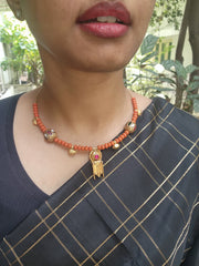 Gold polish hasli with coral beads & nakshi motifs-Silver Neckpiece-CI-House of Taamara