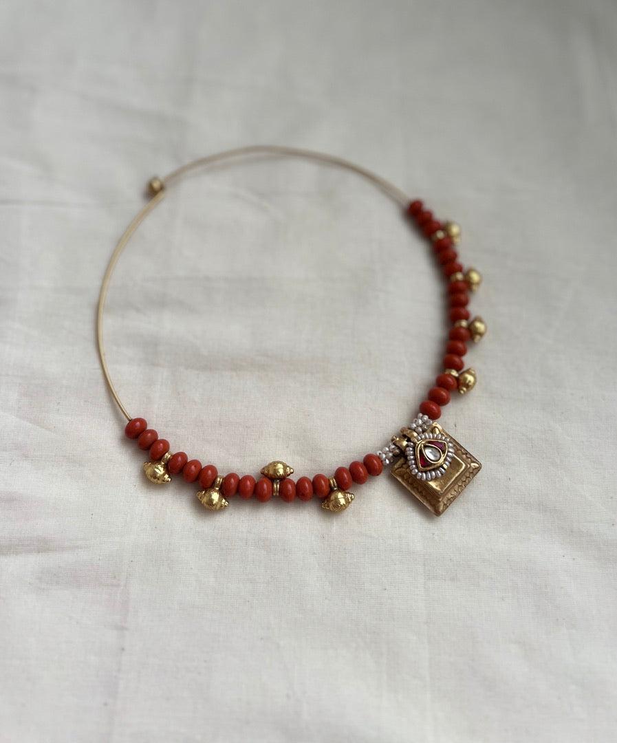 Gold polish hasli with coral beads & nakshi motifs-Silver Neckpiece-CI-House of Taamara