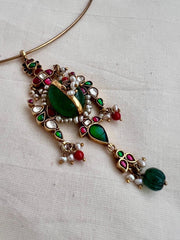 Gold polish hasli with kundan, emerald & ruby pendant with pearls-Silver Neckpiece-CI-House of Taamara