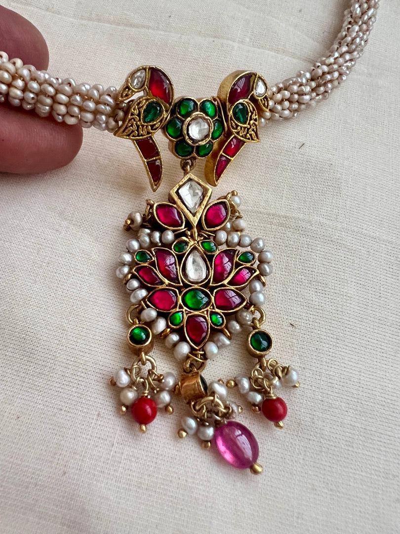 Gold polish hasli with kundan, emerald & ruby pendant with pearls-Silver Neckpiece-CI-House of Taamara