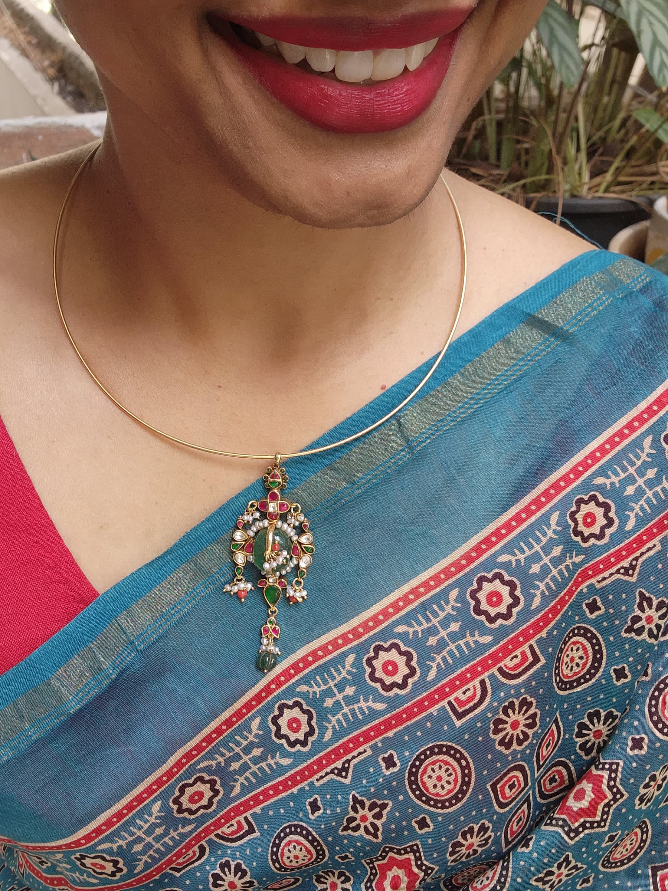 Gold polish hasli with kundan, emerald & ruby pendant with pearls-Silver Neckpiece-CI-House of Taamara