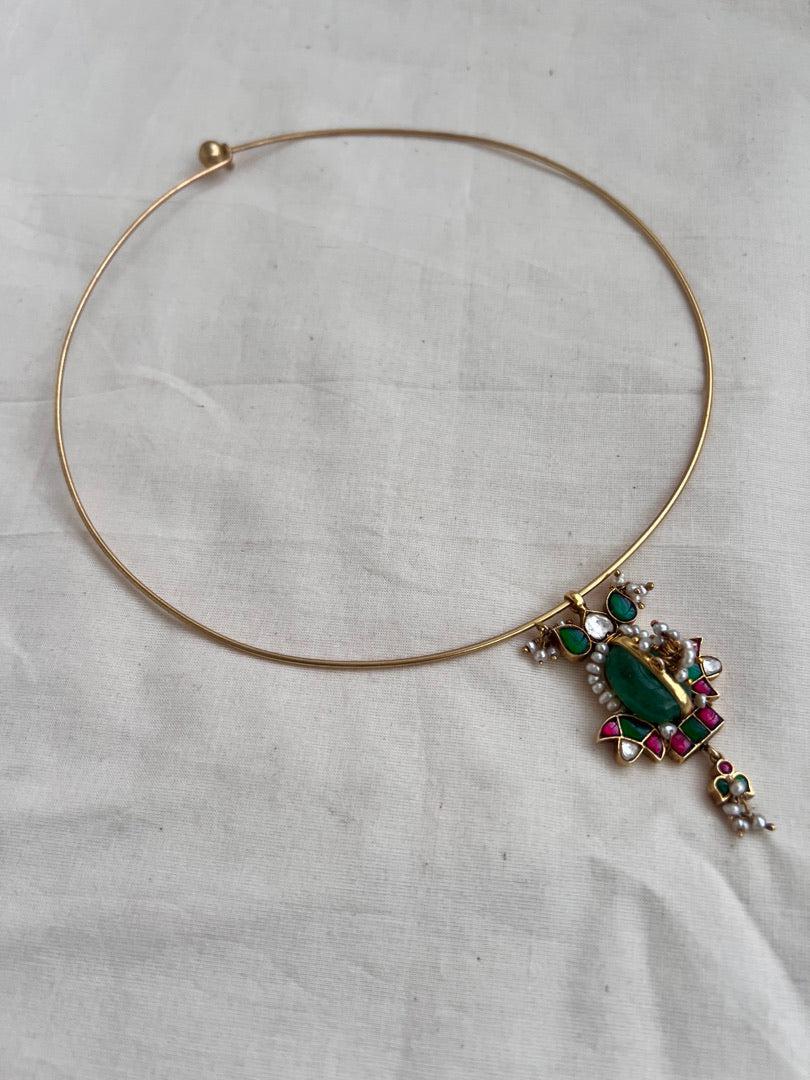 Gold polish hasli with kundan, emerald & ruby pendant with pearls-Silver Neckpiece-CI-House of Taamara