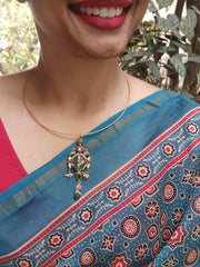 Gold polish hasli with kundan, emerald & ruby pendant with pearls-Silver Neckpiece-CI-House of Taamara