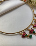 Gold polish hasli with kundan flower & green pumpkin beads-Silver Neckpiece-PL-House of Taamara