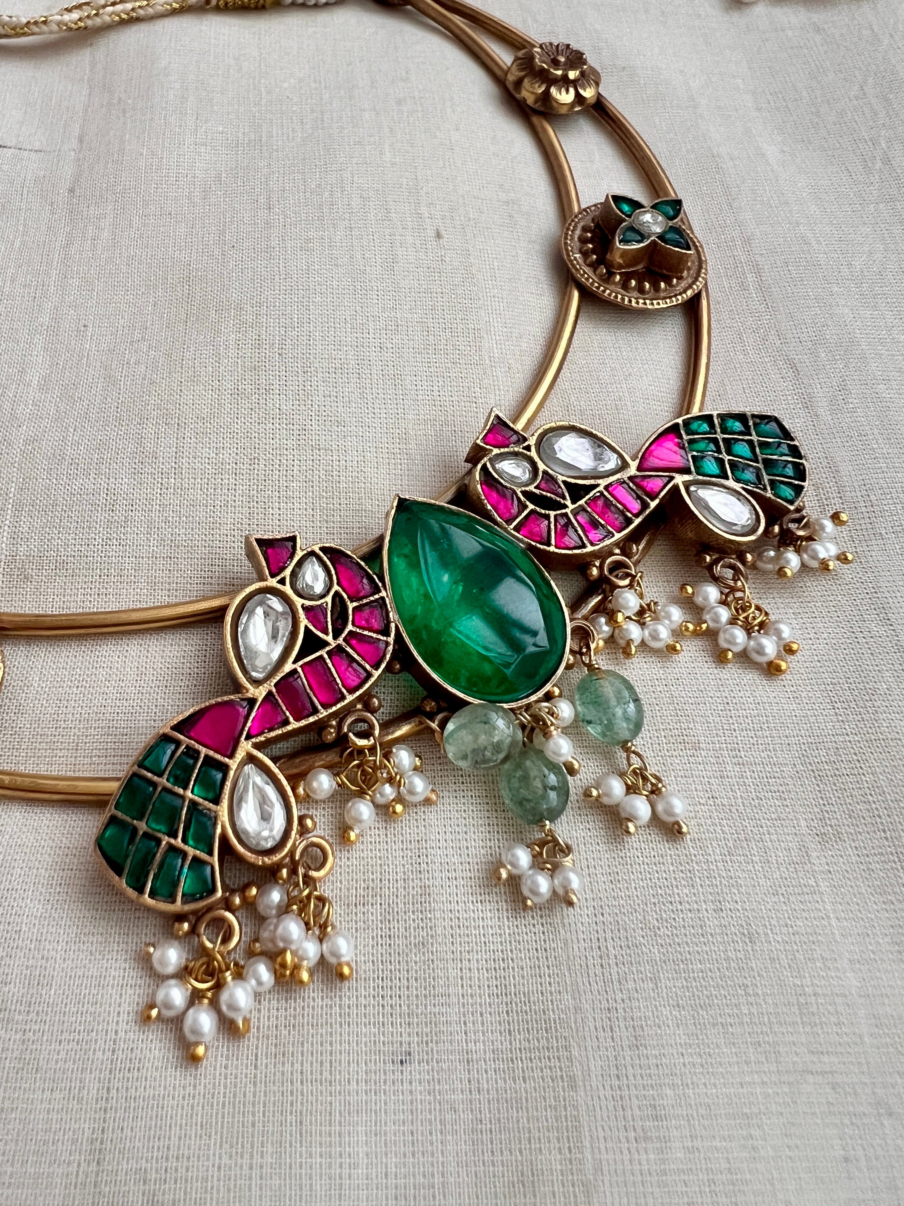 Gold polish hasli with kundan, ruby and emerald motifs and pearls-Silver Neckpiece-CI-House of Taamara