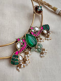 Gold polish hasli with kundan, ruby and emerald motifs and pearls-Silver Neckpiece-CI-House of Taamara