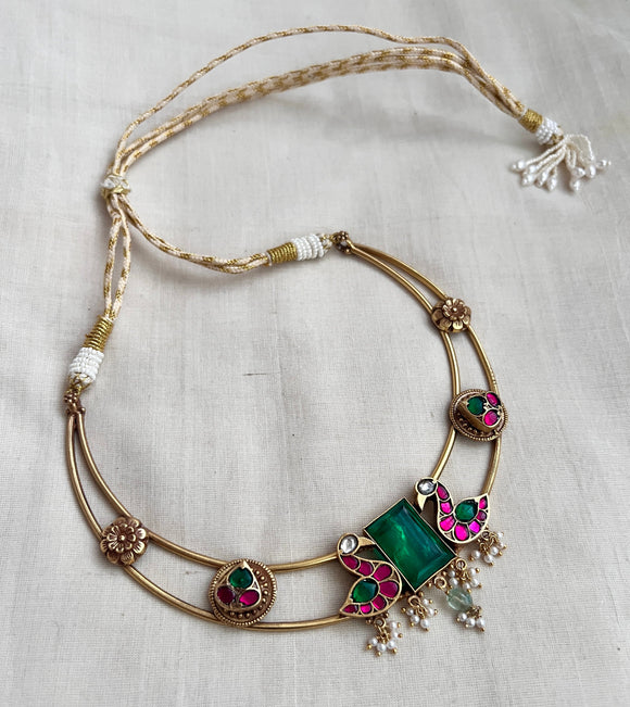 Gold polish hasli with kundan, ruby & emerald stones and pearls-Silver Neckpiece-CI-House of Taamara