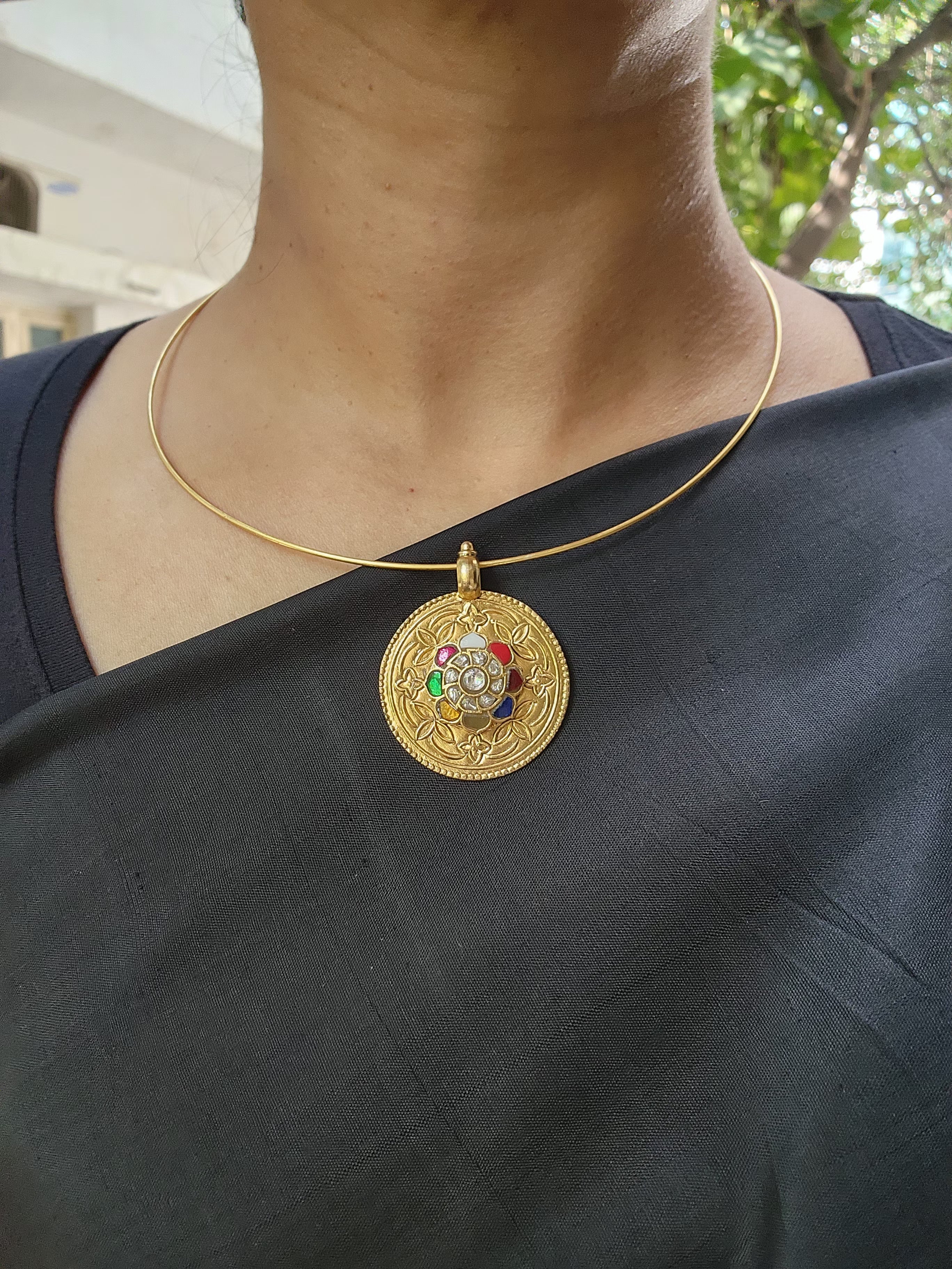 Gold polish hasli with navrathana pendant-Silver Neckpiece-CI-House of Taamara