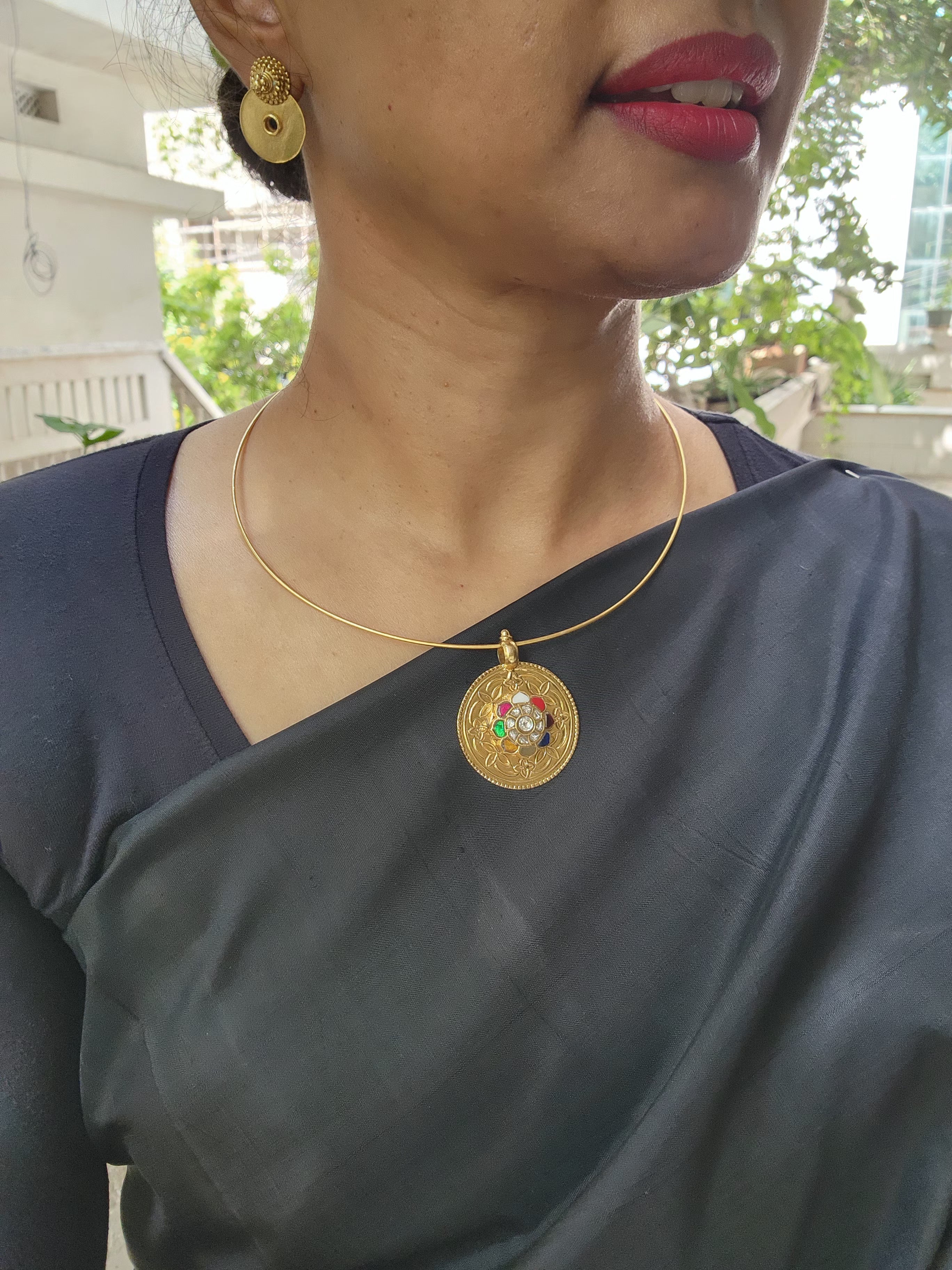 Gold polish hasli with navrathana pendant-Silver Neckpiece-CI-House of Taamara