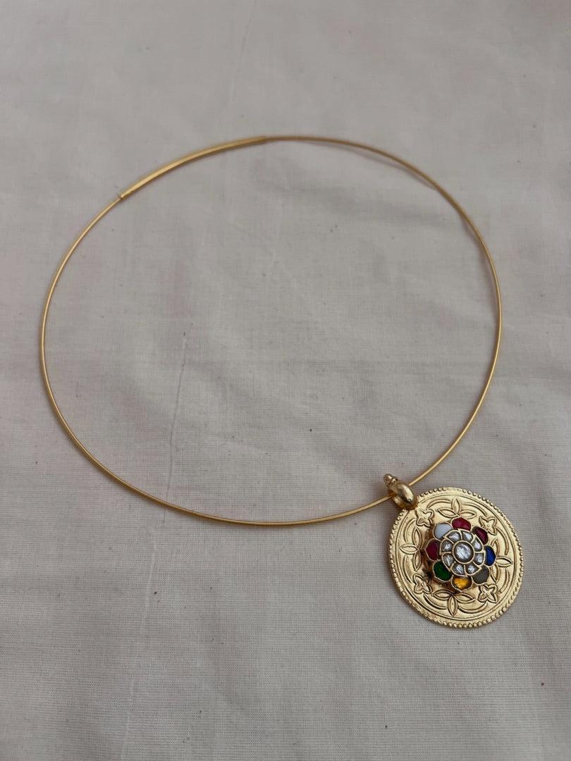Gold polish hasli with navrathana pendant-Silver Neckpiece-CI-House of Taamara