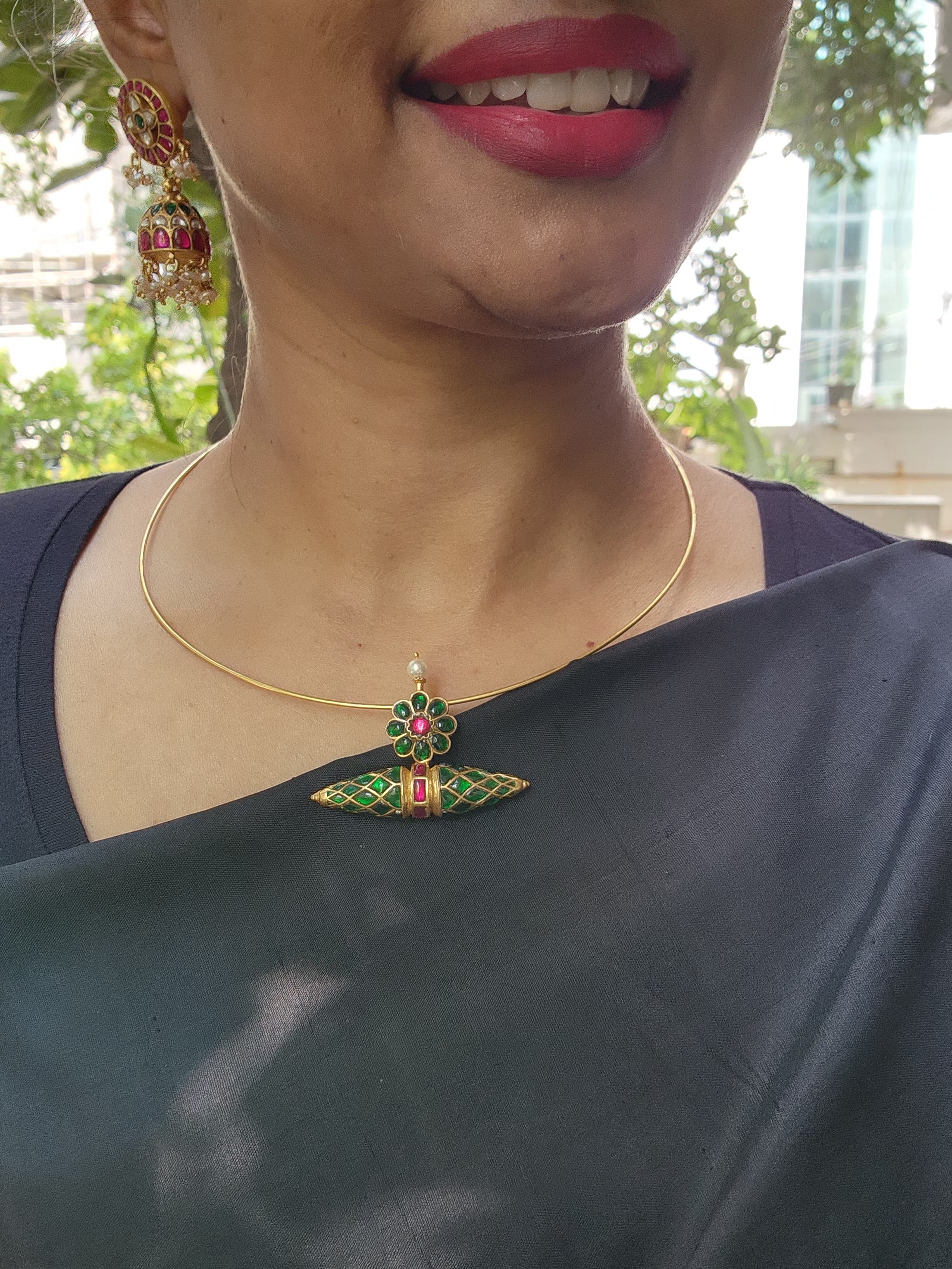 Gold polish hasli with ruby & emerald tawiz pendant-Silver Neckpiece-CI-House of Taamara