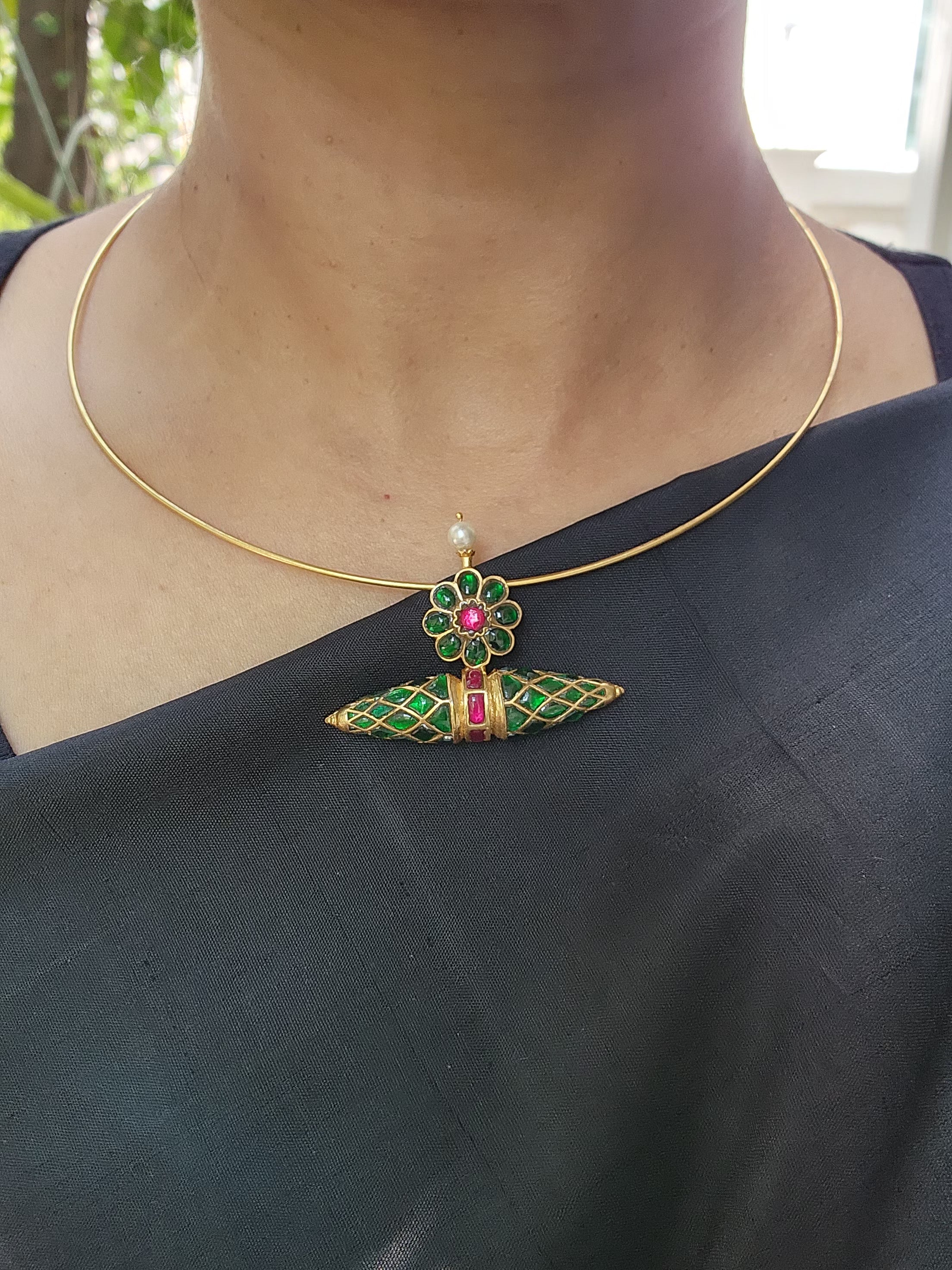 Gold polish hasli with ruby & emerald tawiz pendant-Silver Neckpiece-CI-House of Taamara