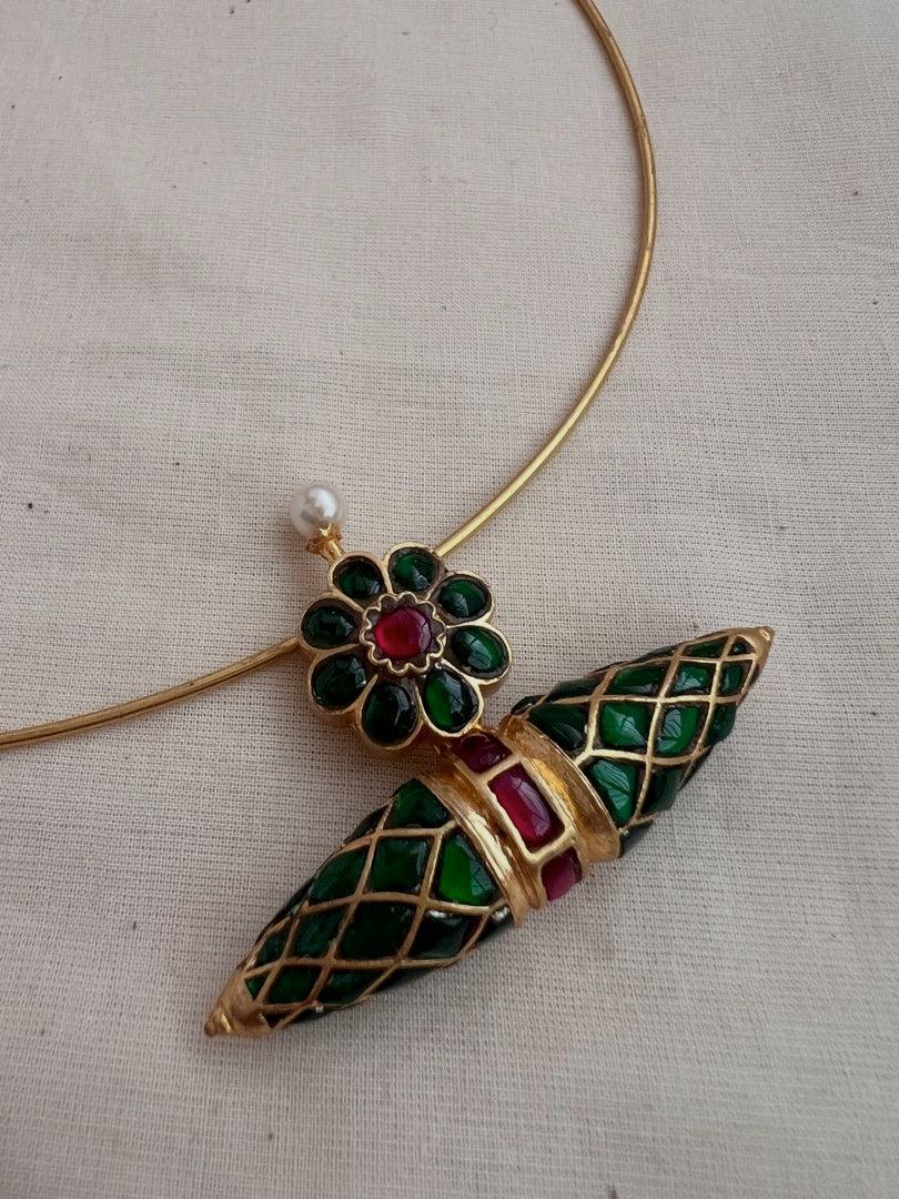 Gold polish hasli with ruby & emerald tawiz pendant-Silver Neckpiece-CI-House of Taamara