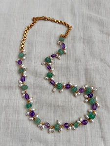 Gold polish jade, amethyst & pearls bead chain-Silver Neckpiece-CI-House of Taamara